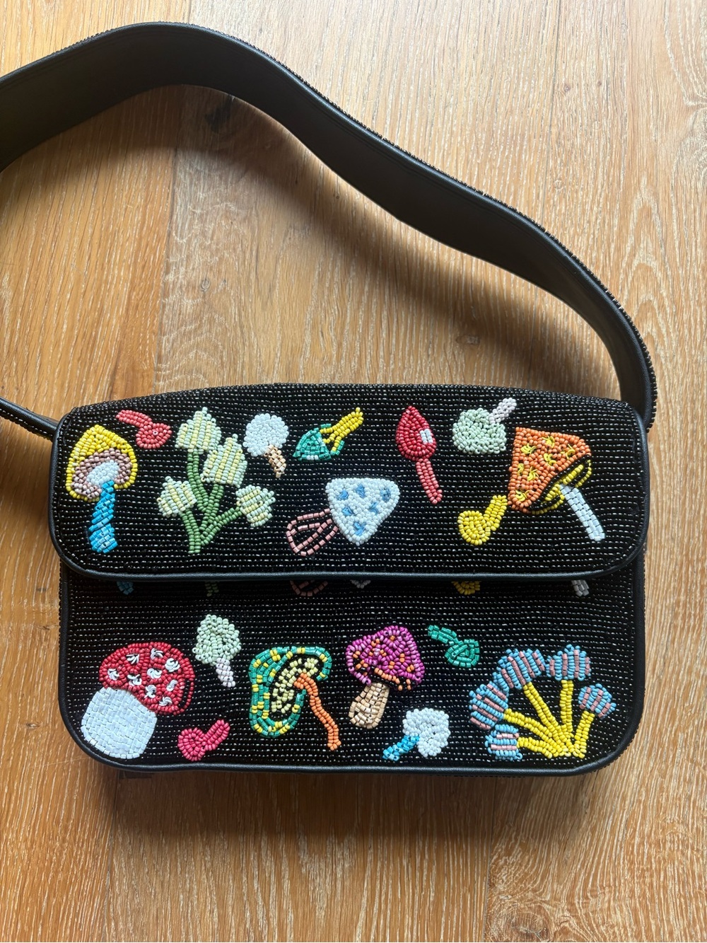 STAUD Black Beaded Crossbody with Colorful Mushroom Motifs